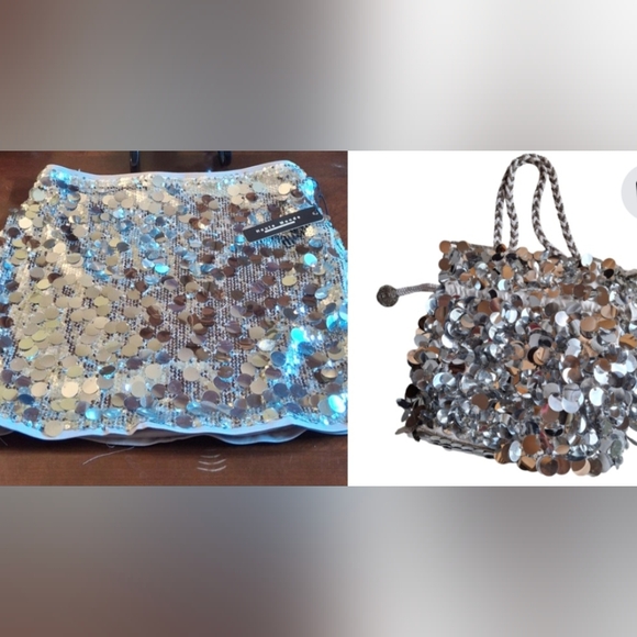 Haute Monde Handbags - Metallic Beaded Skirt and Purse Silver Holiday Sequin Women Size Large (Bundle)